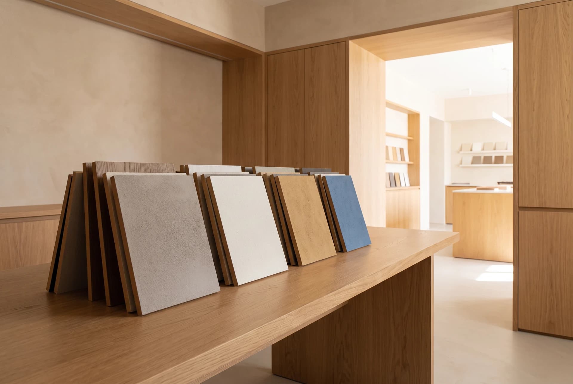 Farbmuster als Spachtelplatten auf einem Holztisch im Materialatelier – KI-generierte Gestaltungsidee