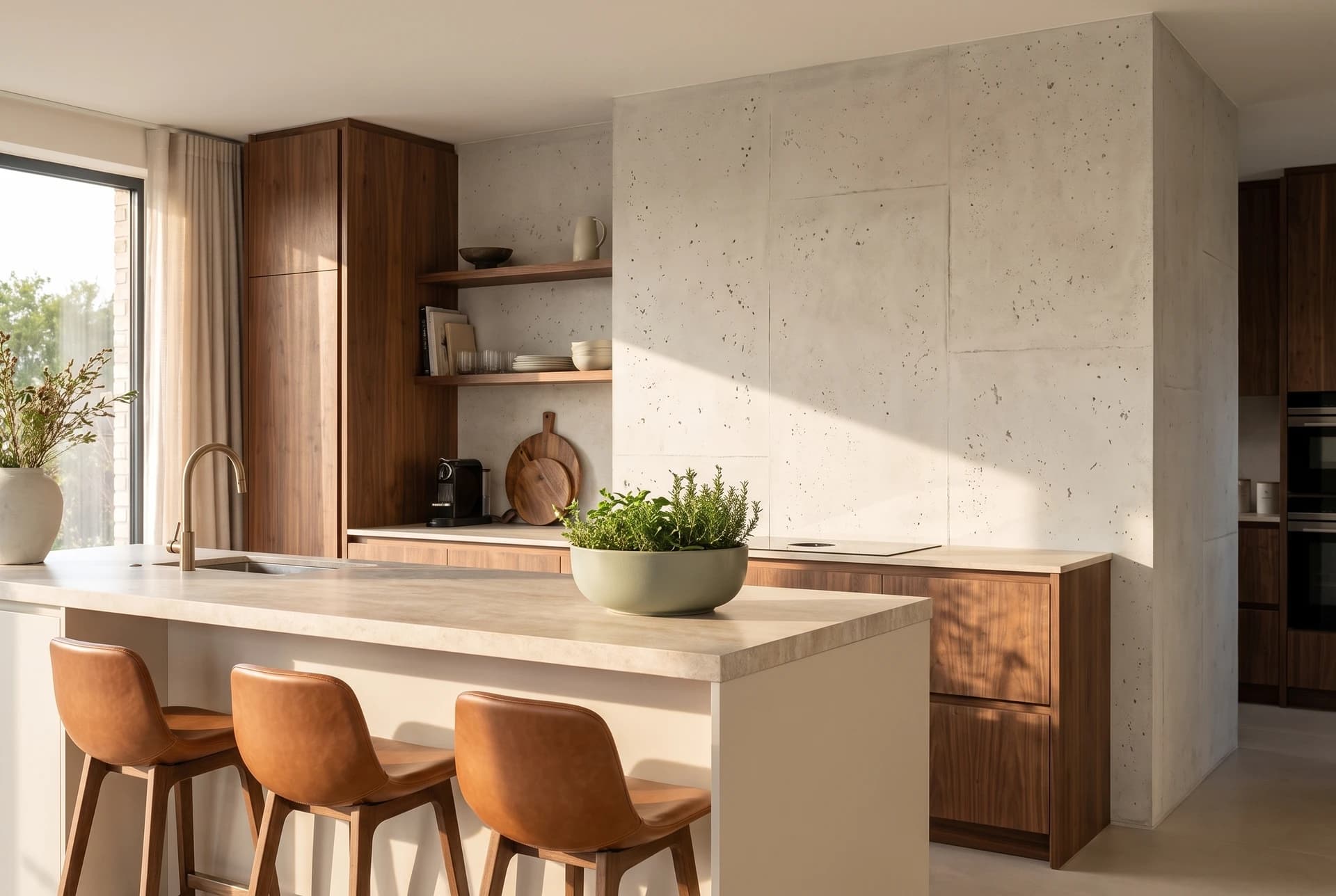 Neue Küchenszene mit heller Betonoptik an der Wand und Nussbaumfronten