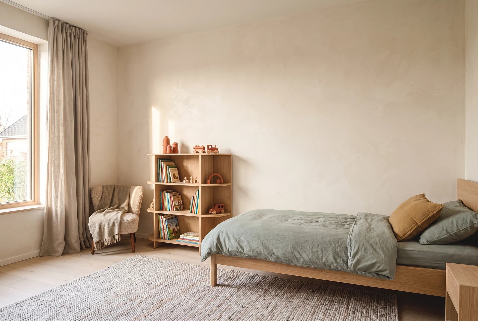 Kinderzimmer mit warmer Kalkputzstruktur und salbeigrünen Textilien