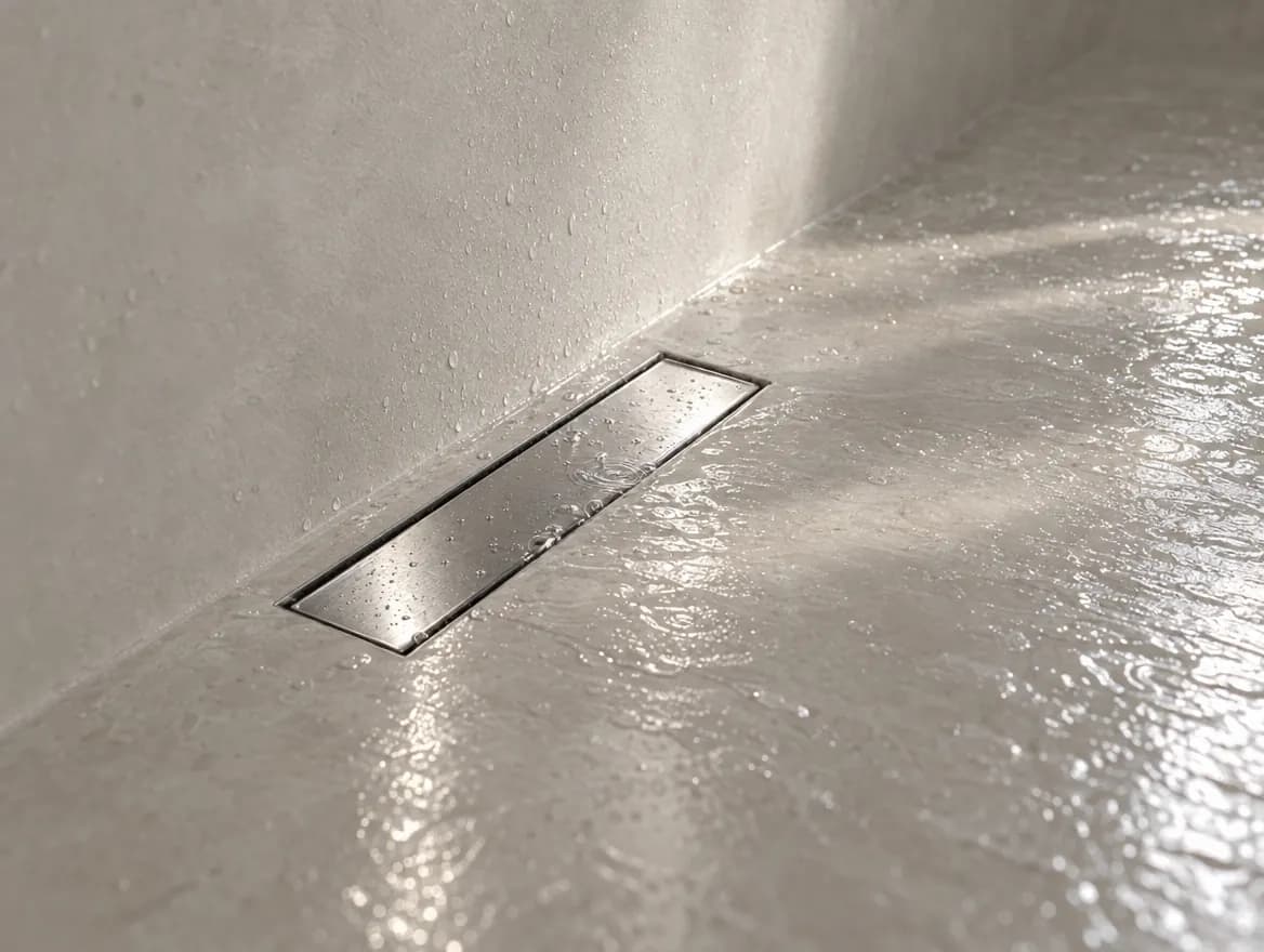 Edelstahl-Ablaufrinne an der Wand im fugenlosen Duschboden