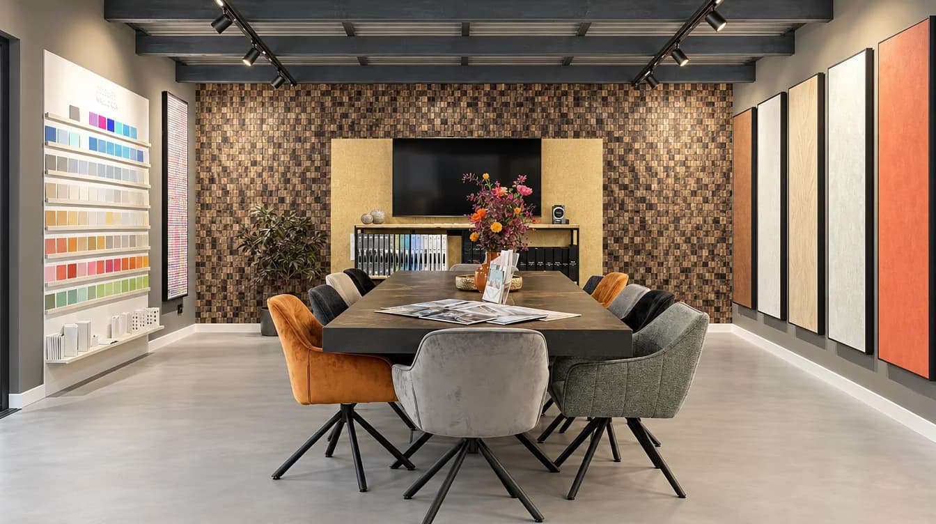 Beratungstisch und große Materialmuster im Terra Lilia Showroom