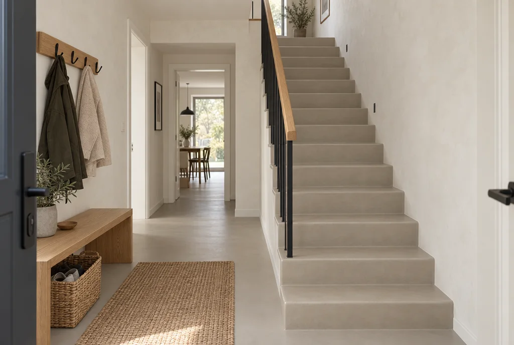 Visualisierung: Flur mit fugenlosem Boden und Treppe aus einem Guss