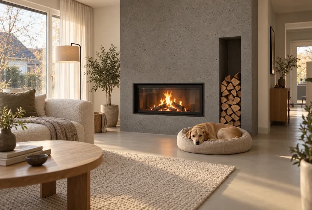 Wohnzimmer mit fugenlosem Boden, Kamin und Hund