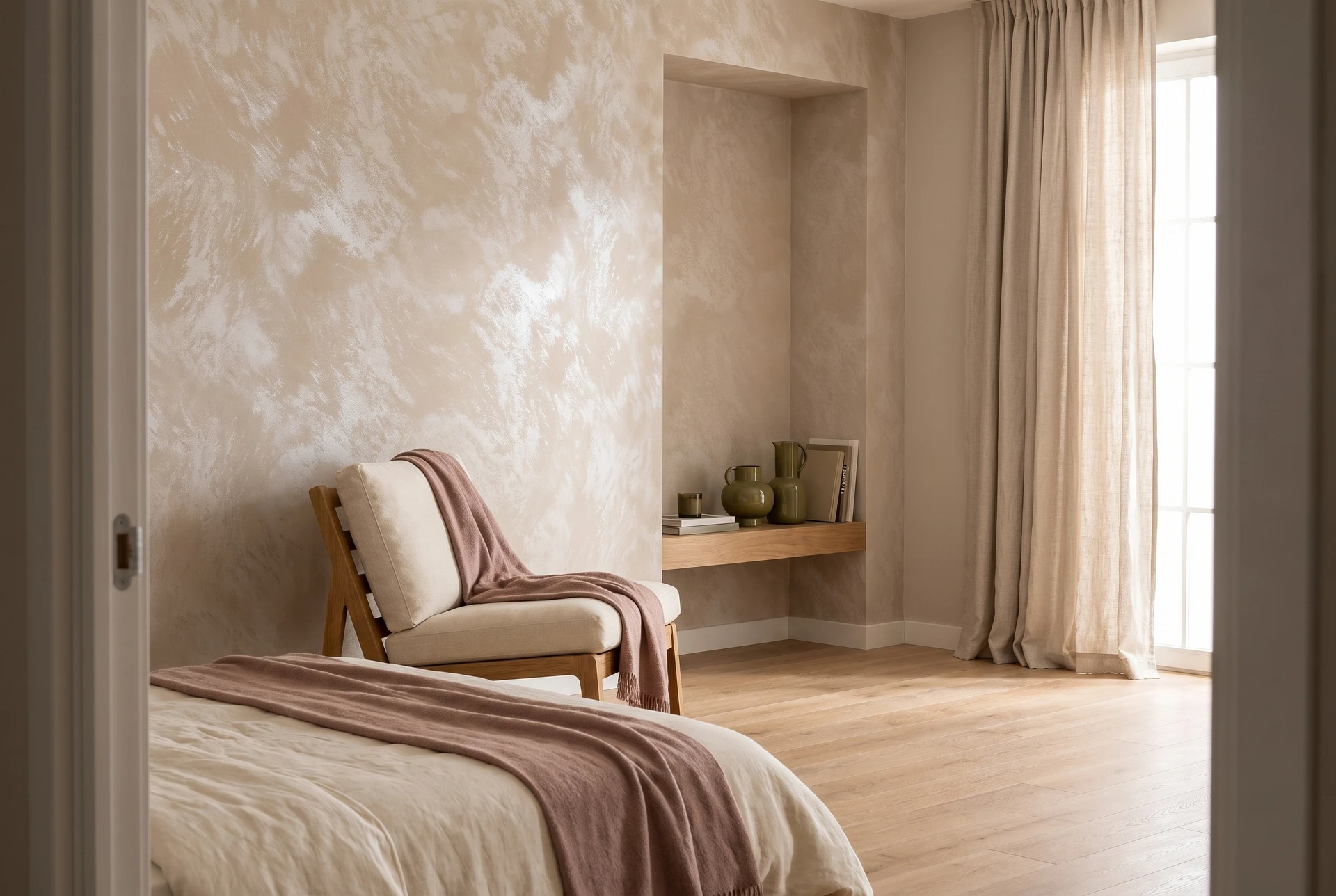 Leseplatz im Schlafzimmer mit warmer Sandeffekt-Akzentfläche – KI-Visualisierung