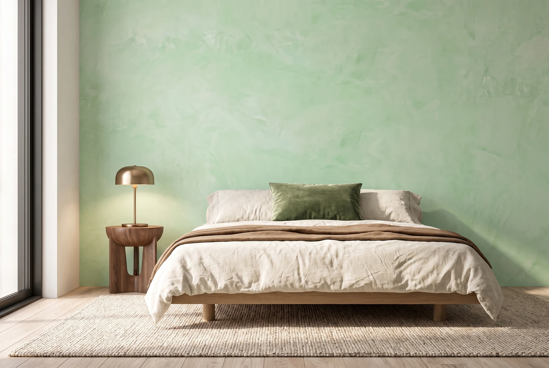 Schlafzimmer mit mintgrüner, satinierter Kalkspachtelwand – KI-Visualisierung