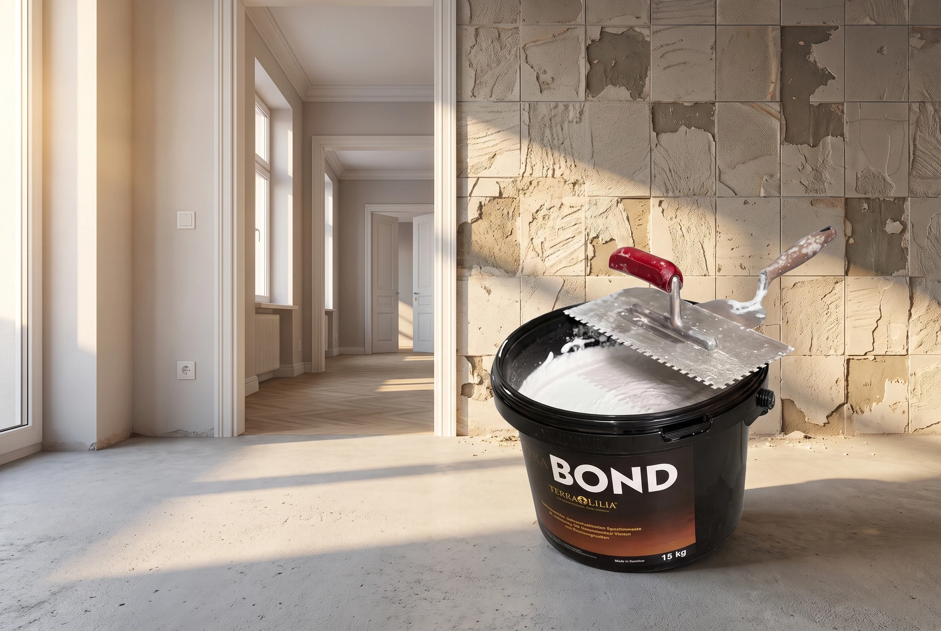 Terra BOND vor einer vorbereiteten Fliesenwand im Bad – KI-generierte Produktinszenierung