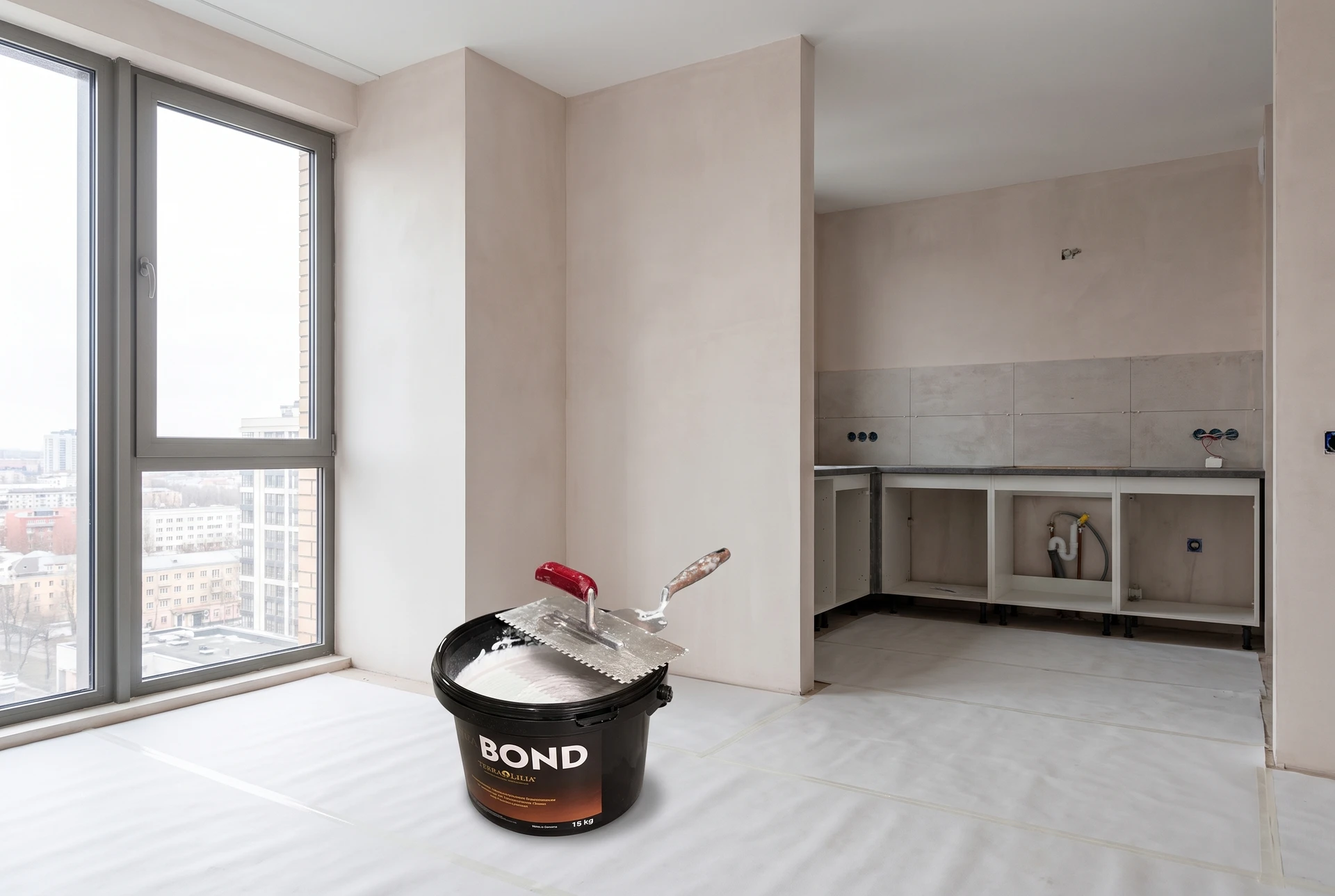 Terra BOND bei der Wandsanierung in einem hellen Loft – KI-generierte Produktinszenierung