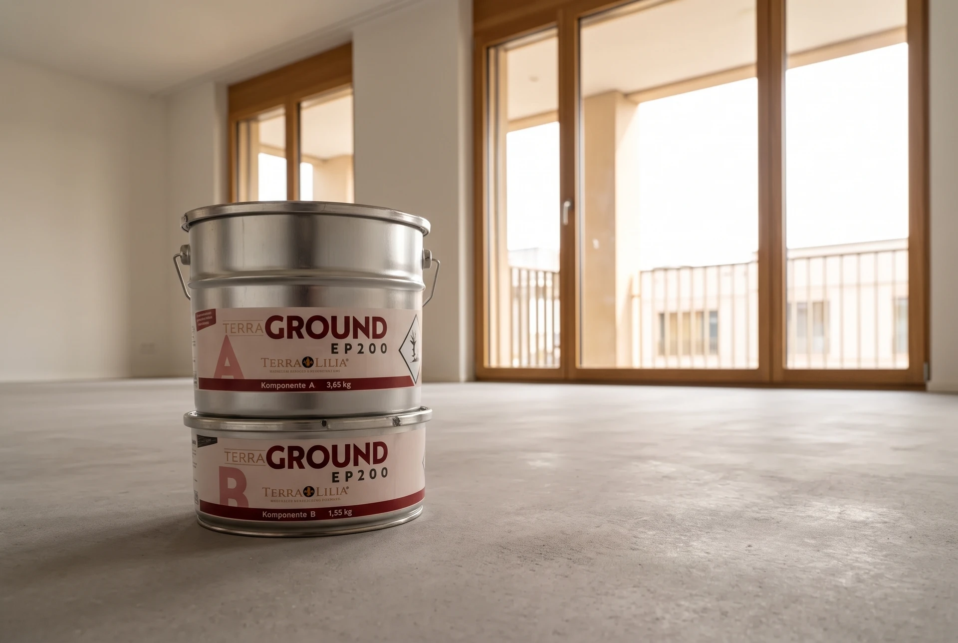 Terra GROUND EP200 auf vorbereitetem Estrich im Wohnraum – KI-generierte Produktinszenierung