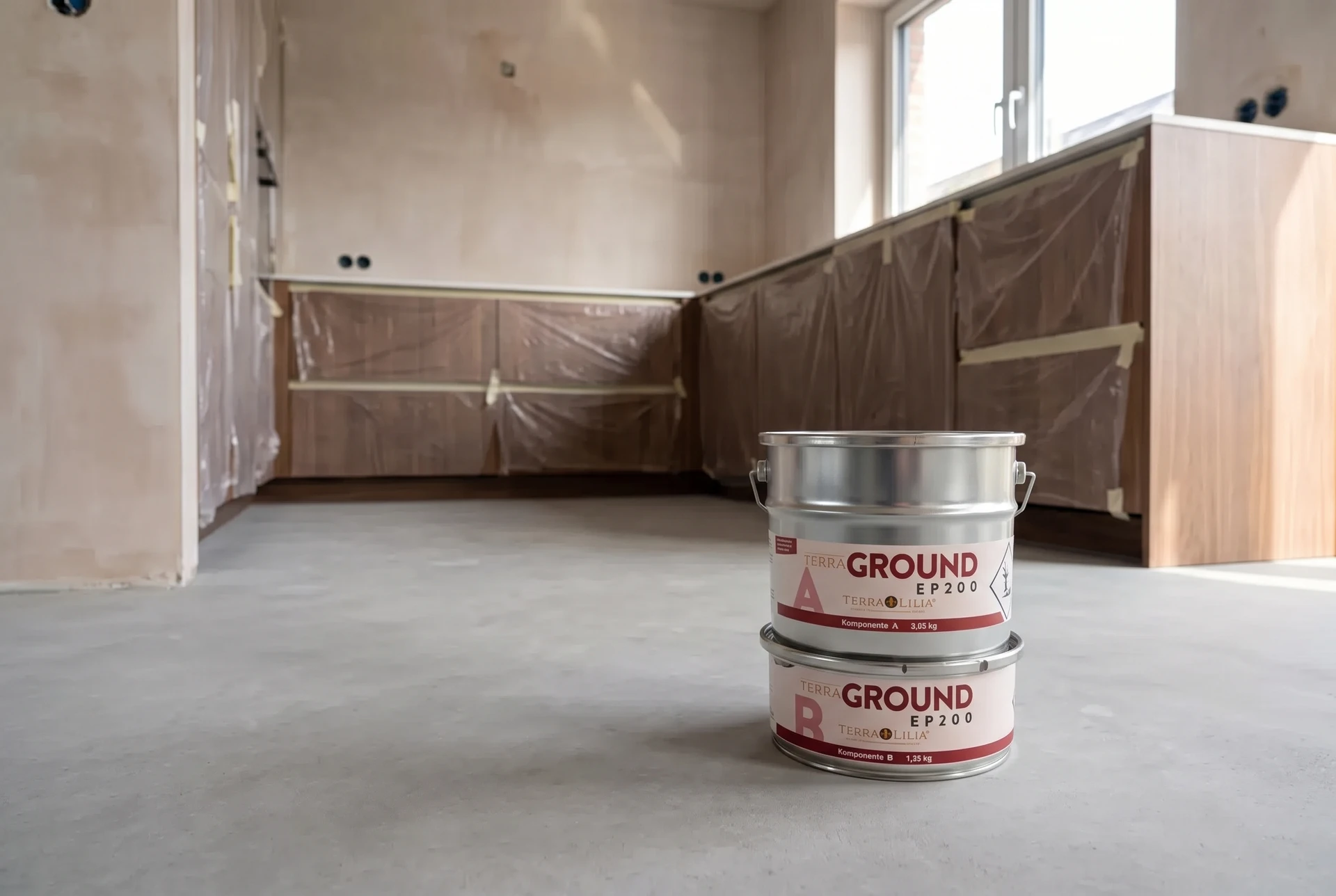 Terra GROUND EP200 auf Betonboden einer modernen Wohnküche – KI-generierte Produktinszenierung