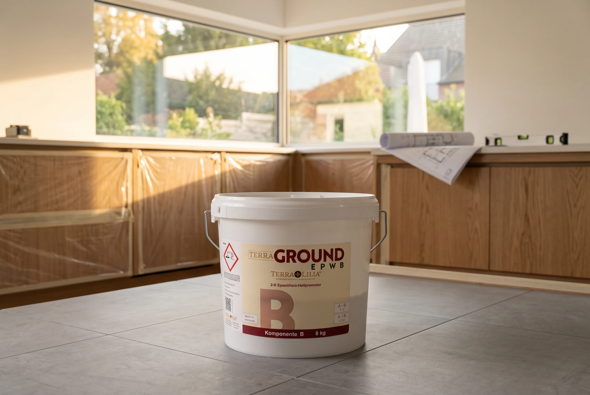 Terra GROUND EPWB bei der Renovierung einer Küche mit Keramikboden – KI-generierte Produktinszenierung