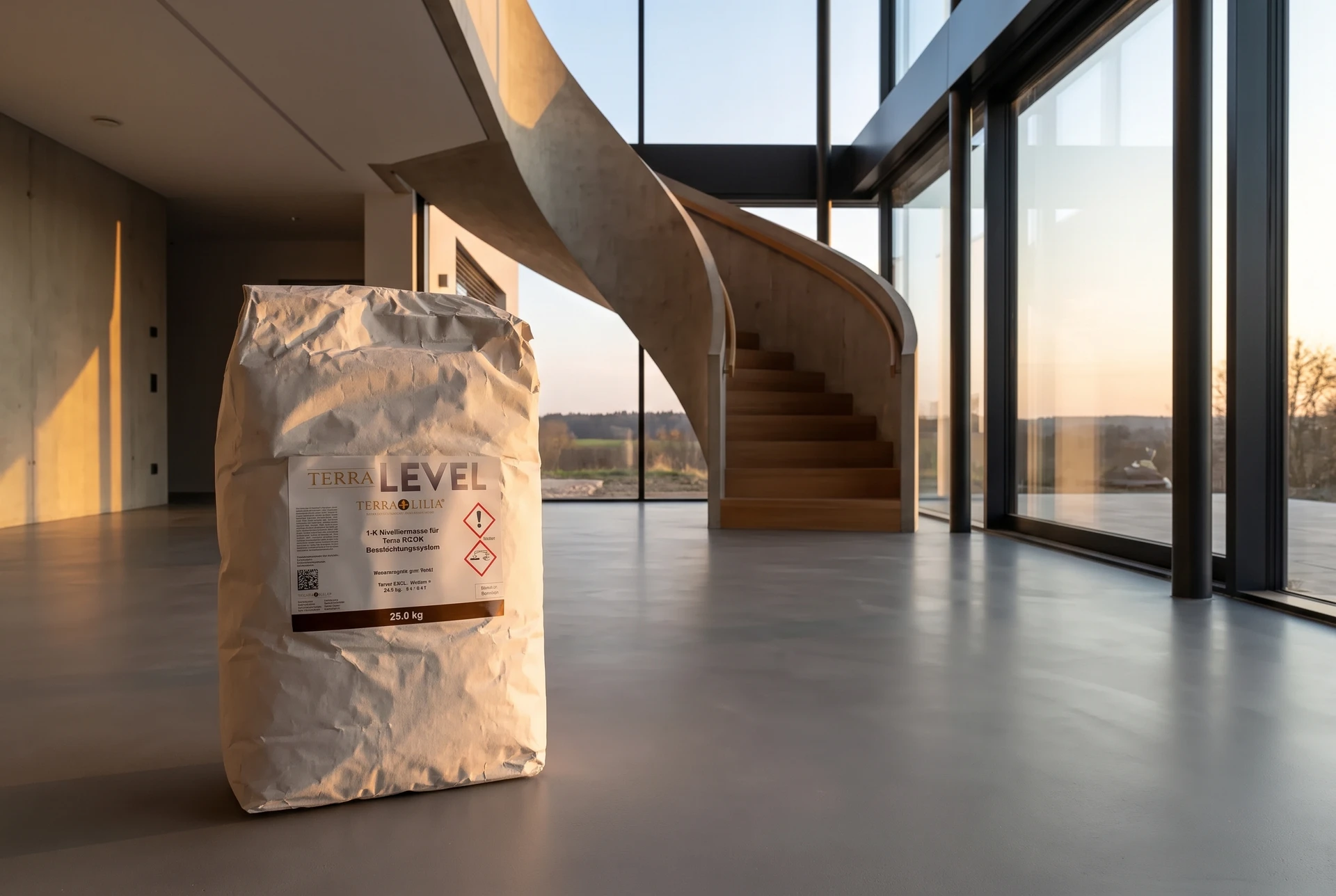 Terra LEVEL bei der Bodenvorbereitung in einem modernen Wohnhaus – KI-generierte Produktinszenierung