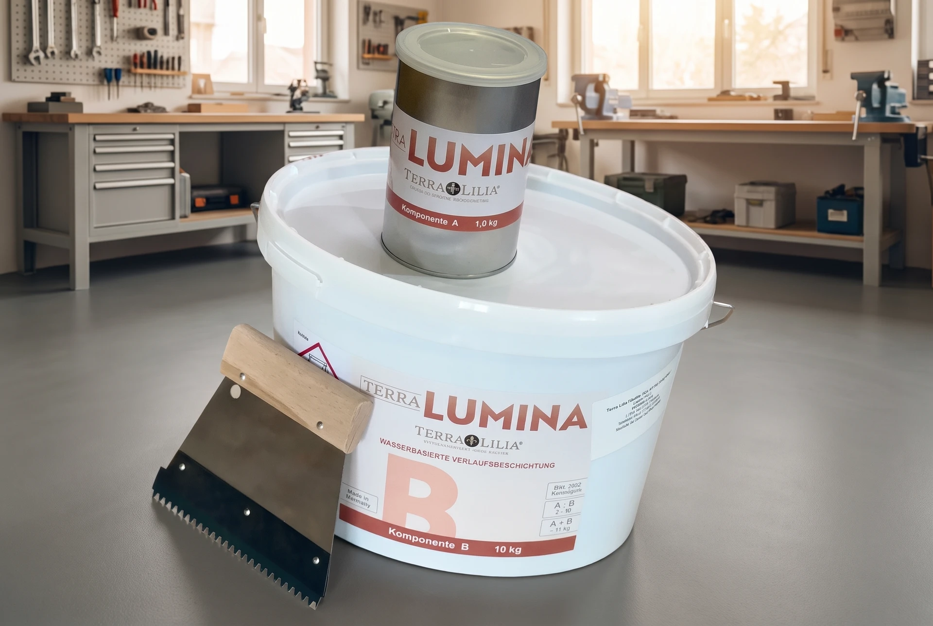 Terra LUMINA in einer gepflegten Werkstatt – KI-generierte Produktinszenierung
