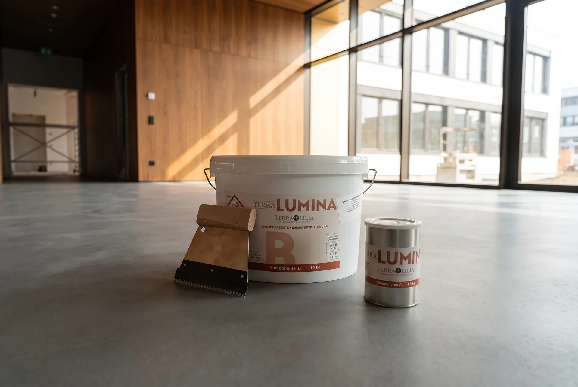 Terra LUMINA in einer repräsentativen Gewerbelobby – KI-generierte Produktinszenierung