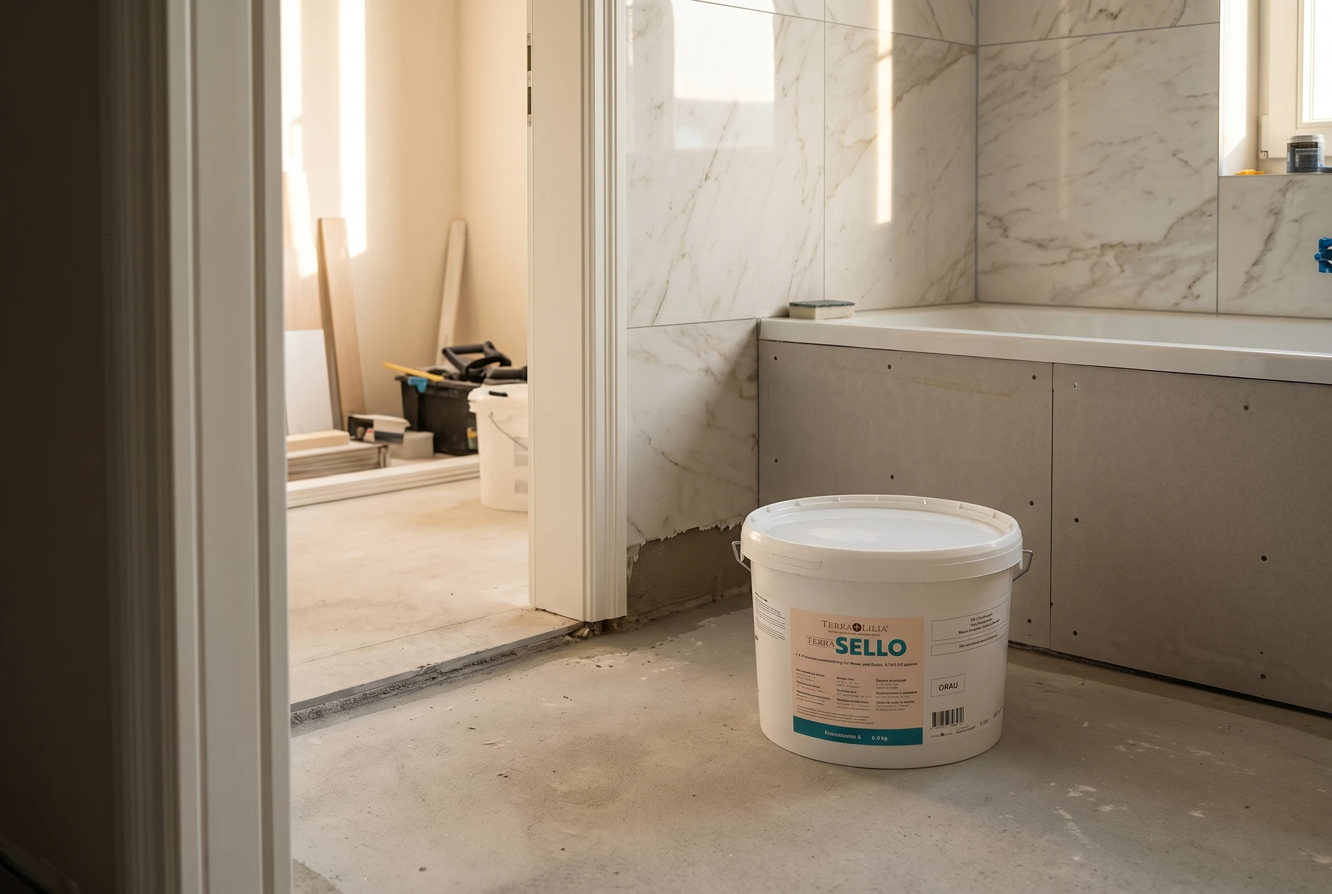 Terra SELLO bei der Renovierung eines Hotelbads – KI-generierte Produktinszenierung