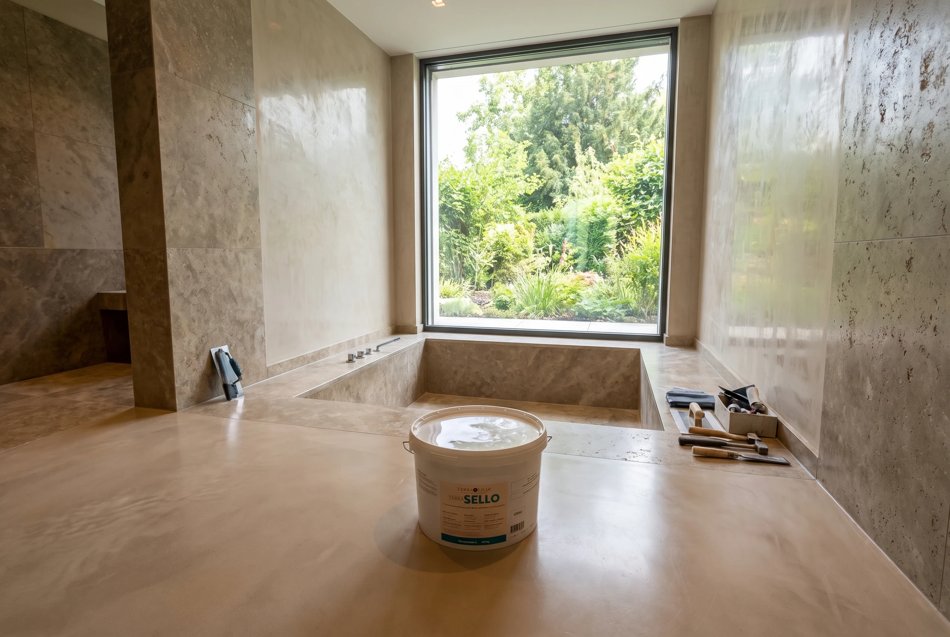 Terra SELLO im vorbereiteten Nassbereich eines privaten Spa-Bads – KI-generierte Produktinszenierung