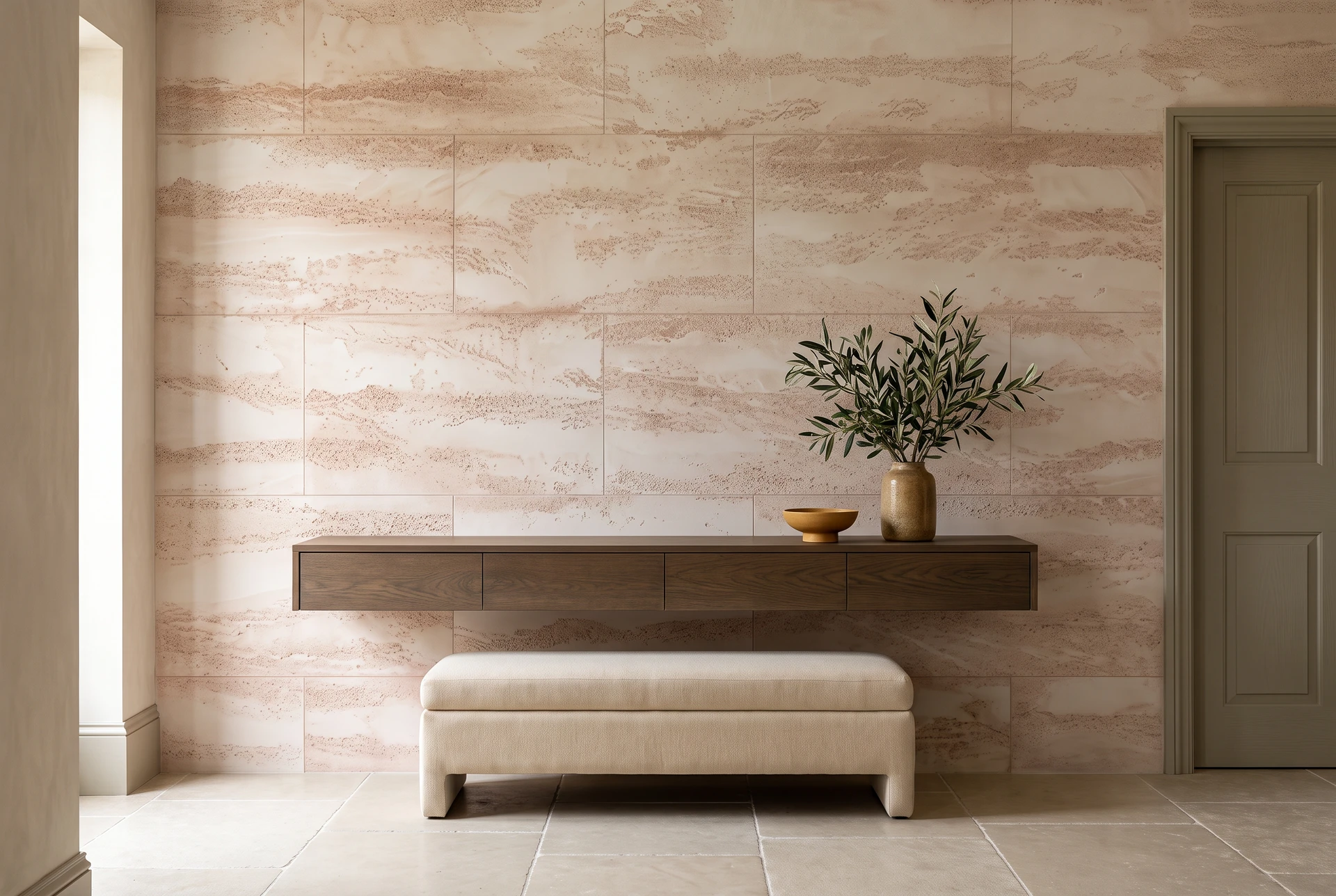 Heller Flur mit beige-roséfarbener Wand in Travertinoptik und dunkler Holzkonsole – KI-Visualisierung